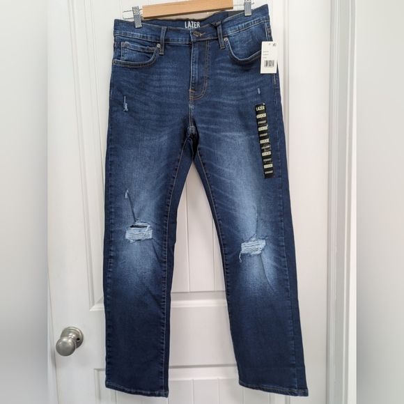 LAZER Men's Blue Distressed Straight Fit Jeans - Picture 1 of 6